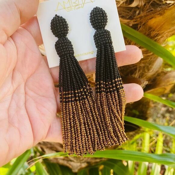 Black Gold Seed Bead Tassel Earring - Picture 4 of 4